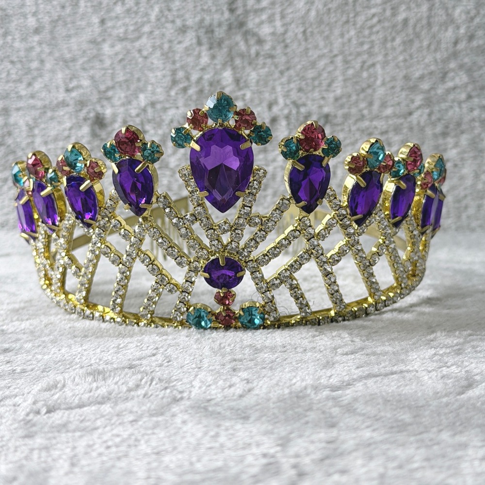 Tiara Crown Metal Women Gold Purple Teal Rhinestone Pageant‎ Regal Birthday NOLA - Picture 2 of 7